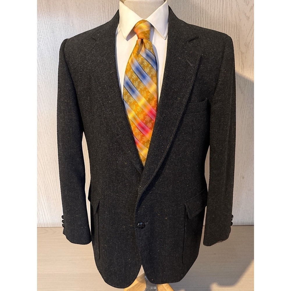VTG Haggar Imperial Sz 44R Black Donegal Tweed Wool Sport Coat Jacket Blazer